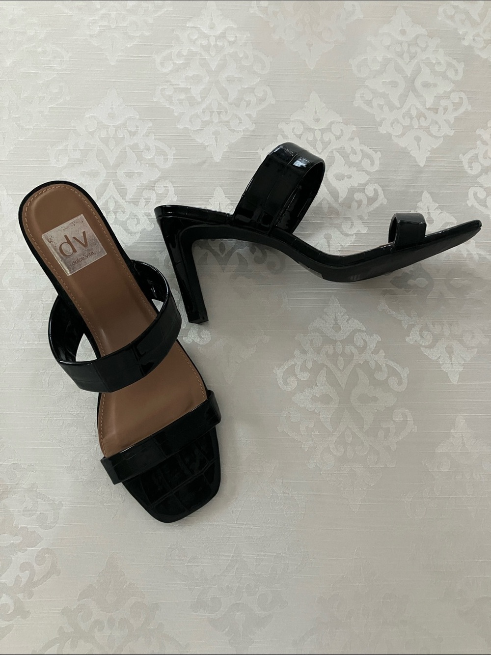 DV by Dolce Vita Black Patent Two-Strap Mid Heel Sandals